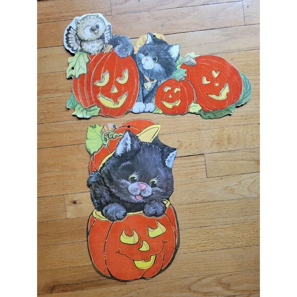 Vintage Eureka Halloween Die Cut Double Sided Flocked Pumpkins Kitten Owl Lot 2 - Picture 1 of 10